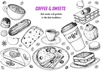 Breakfast hand drawn illustration. Coffee shop menu design. Food sketch. Coffee, tea and desserts. Cafe menu elements