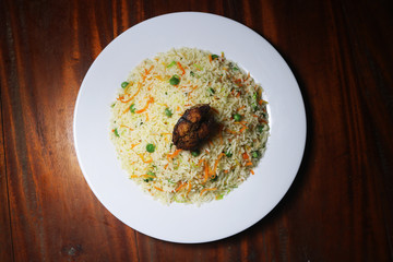 top view of fried rice and fried fish