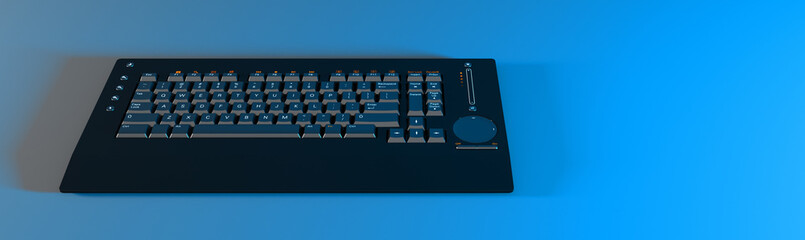 black computer keyboard in blue neon lighting