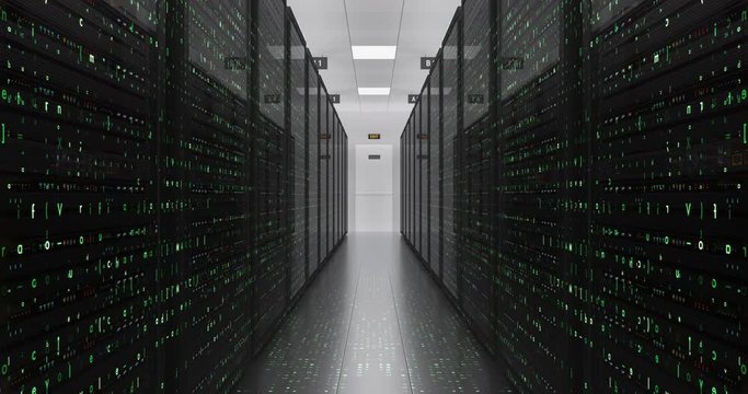 Modern Server Room Environment. Computer Racks All Around With Flying Texts And Numbers. Technology Related 4K 3D Animation.
