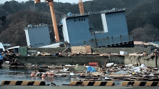 Ruins of the harbor are everywhere, everthing is destroyed, after the tsunami on March 11th 2011 near Fukushima