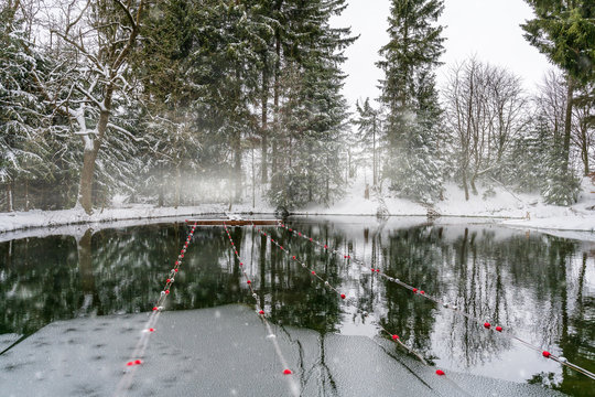 Swimming lanes in a frozen lake before an ice swim competition