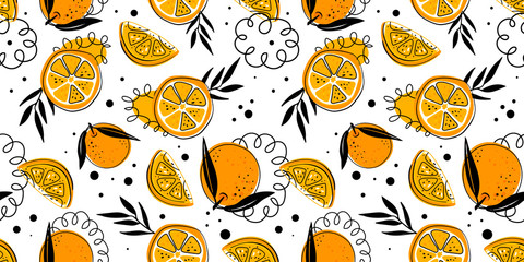 Seamless bright light pattern with Fresh oranges for fabric, drawing labels, print on t-shirt, wallpaper of children's room, fruit Summer background. Slices of orange doodle style cheerful background.