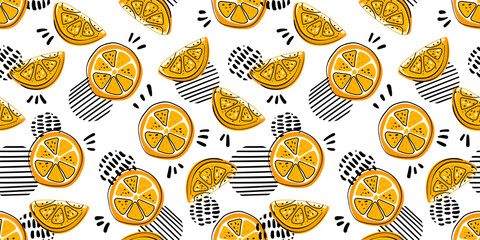 Seamless bright light pattern with Fresh oranges for fabric, drawing labels, print on t-shirt, wallpaper of children's room, fruit Summer background. Slices of orange doodle style cheerful background.