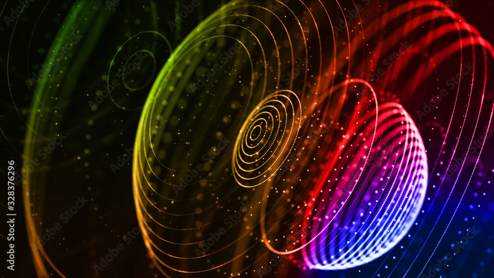 Poster abstract sci-fi background with glow particles form curved lines, surfaces, hologram structures or v