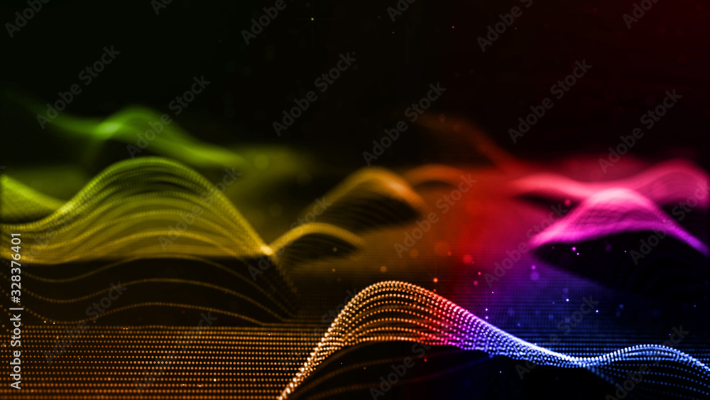 Poster abstract sci-fi background with glow particles form curved lines, surfaces, hologram structures or v