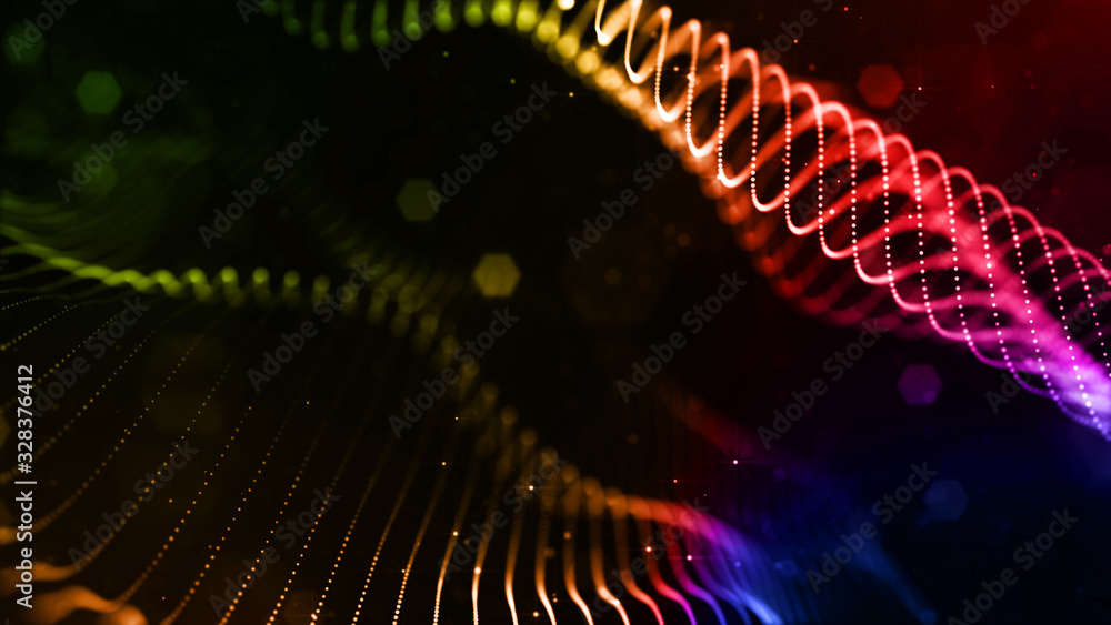 Poster abstract sci-fi background with glow particles form curved lines, surfaces, hologram structures or v