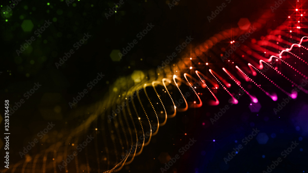 Poster abstract sci-fi background with glow particles form curved lines, surfaces, hologram structures or v