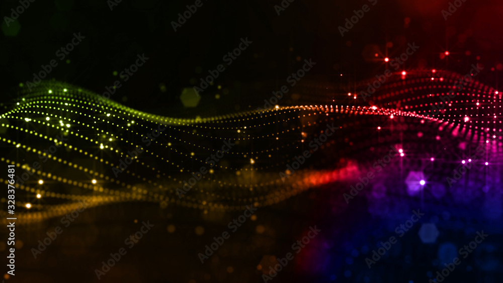 Poster abstract sci-fi background with glow particles form curved lines, surfaces, hologram structures or v