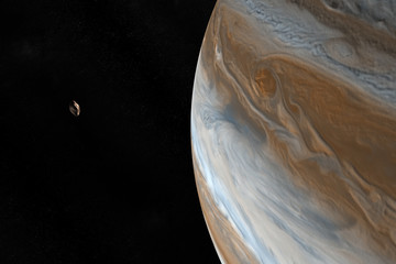 Satellite Amalthea, Jupiter V, orbiting around Jupiter planet. 3d render © Manuel Mata