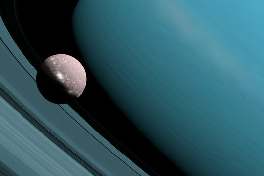 Ariel or Uranus I orbiting between the rings of Uranus planet. 3d render