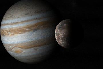 Jupiter planet and Callisto moon in the outer space. 3d render © Manuel Mata