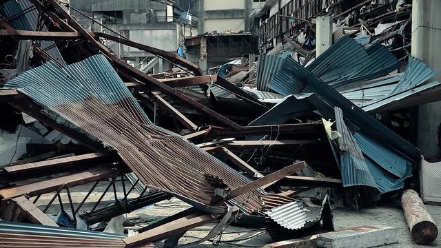 A warehouse is destroyed and ruins are everywhere, after the tsunami on March 11th 2011 near Fukushima