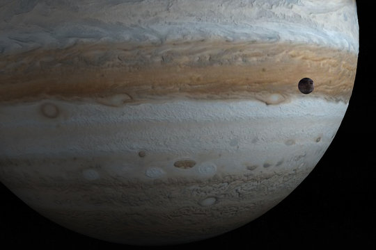 Jupiter planet and Ganymede in the outer space. 3d render