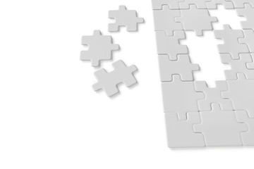 3d rendering of jigsaw puzzle concept. Blank gray unfinished puzzles game mockup, connecting together on white background. Jigsaw pieces merging, design mock up. Big desktop toy template.  Copy space
