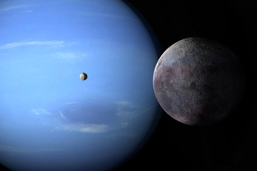 Satellites Proteus and Triton orbiting around Neptune planet. 3d render
