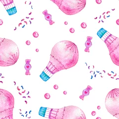 Tapeten Aquarell nahtloses Muster mit Luftballon und Wolken. Handgezeichnete Vintage Collage Illustration mit Heißluftballon, Flaggengirlanden, abstrakte Pastellwolken Tapete © Alina