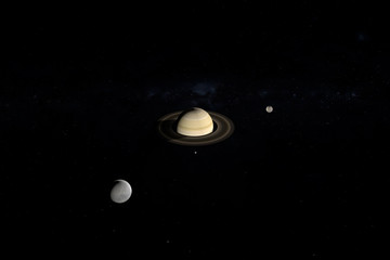 Tethys, Mimas and Enceladus orbiting around Saturn planet. 3d render - Powered by Adobe