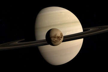 Titan, Saturn moon, rotating and orbiting around Saturn planet. 3d render © Manuel Mata