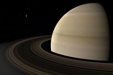 Satellite Titan rotating and orbiting around Saturn planet. 3d render