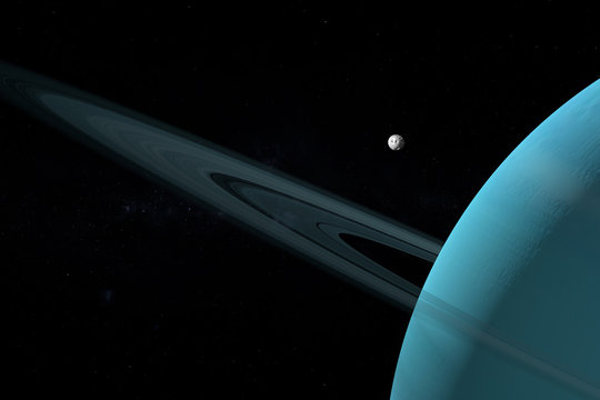 Puck, uranian moon, orbiting around Uranus planet in the outer space. 3d render