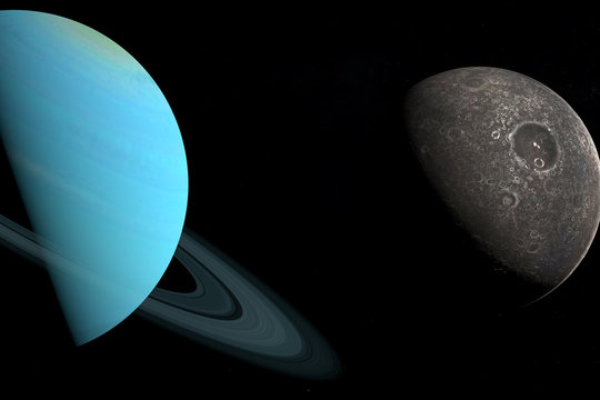 Umbriel moon orbiting around Uranus planet in the outer space. 3d render
