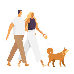 Young couple in love walking a dog Husky. Vector, cartoon characters. Isolated on white background. 