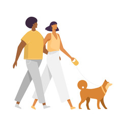 Young couple in love walking a dog Shiba Inu. Vector, cartoon characters. Isolated on white background. 