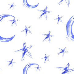 Watercolor seamless pattern with moon and star. Vector.