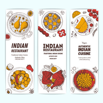 Indian food illustration. Hand drawn sketch. Indian cuisine. Banner set. Vector illustration. Menu background. Engraved style.