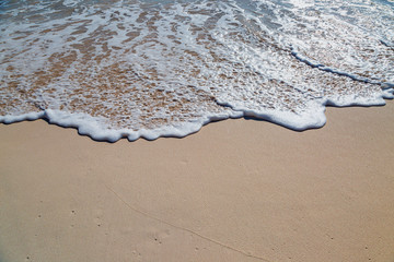 A full frame photograph of waves lapping a sandy beach