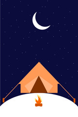 Obraz na płótnie Canvas Night landscape illustration in flat style with tent, campfire, moon, and stars. Background for summer camp, nature tourism, camping or hiking design concept. Template for mobile phone screen saver.