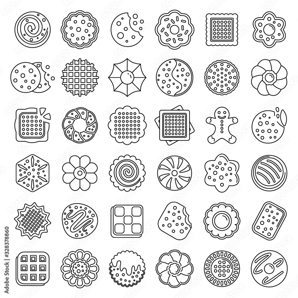 Poster biscuit icons set. outline set of biscuit vector icons for web design isolated on white background