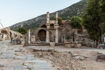 Fototapeta na wymiar Ruins of Celsius Library in ancient city Ephesus, Turkey in a beautiful summer day, August 12, 2019, izmir, Turkey