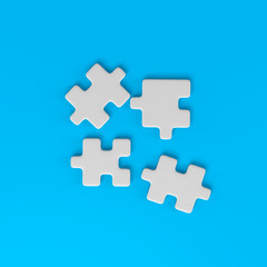 3d rendering of jigsaw puzzle concept. Blank gray unfinished puzzles game mockup, connecting together on blue background. Jigsaw pieces merging, design mock up. Big desktop toy template.  Copy space