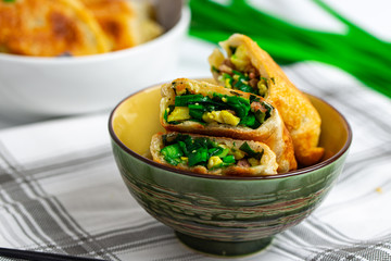 Close up of Chinese chives dumplings - popular street food from northern China