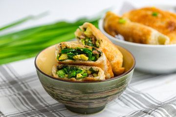 Close up of Chinese chives dumplings - popular street food from northern China