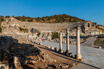 Ruins of Celsius Library in ancient city Ephesus, Turkey in a beautiful summer day, August 12, 2019, izmir, Turkey