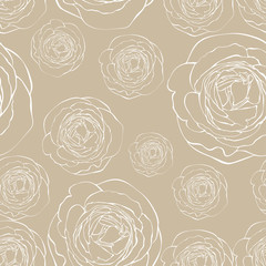 Fototapeta premium Vector seamless Aphrodite rose, Beautiful pattern of rose in white line on brown natural tone