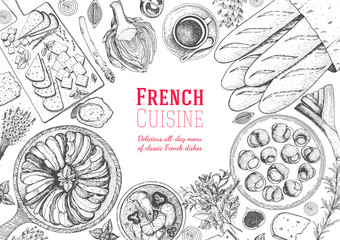 French cuisine top view frame. A set of classic French dishes with ratatouille, cheese, escargot, artichoke, bakery. Food menu design template. Hand drawn sketch vector illustration.