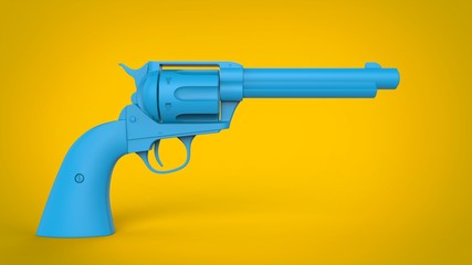 Blue revolver gun on a yellow background
