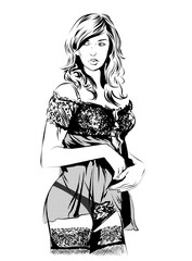 Beautiful woman in sexy lingerie. Freehand drawing. Vector illustration.