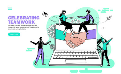 hands joining in computer with people celebrating teamwork , sitting on computer, shake hand, congra