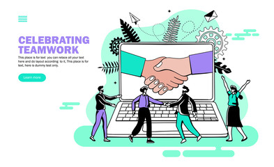 shake hand and congratulations in computer with people celebrating teamwork, shake hand, congratulation