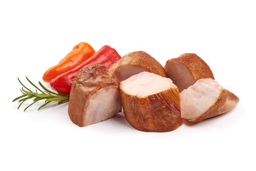 Smoked chicken slices, isolated on white background
