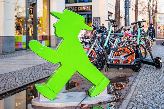 Berlin, Germany - December, 2019: Statue of an ampelmann figure in the old town of Berlin city