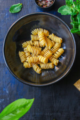 pasta rotini (Italian cuisine) menu concept. background. top view. copy space