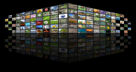 Television and internet concept illustration, tv news multimedia background on black