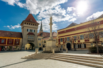 Fototapeta premium Jurisics square in the historical beautiful Kőszeg Hungary with statue