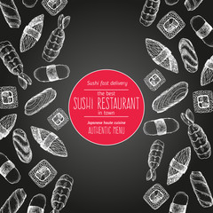 Japanese food vector illustration. Hand drawn Sushi design template. Card for restaurant menu
